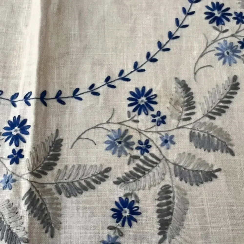 Antique Linen Tablecloth Blue & White Florals Hand Embroidered 64.5 x 47